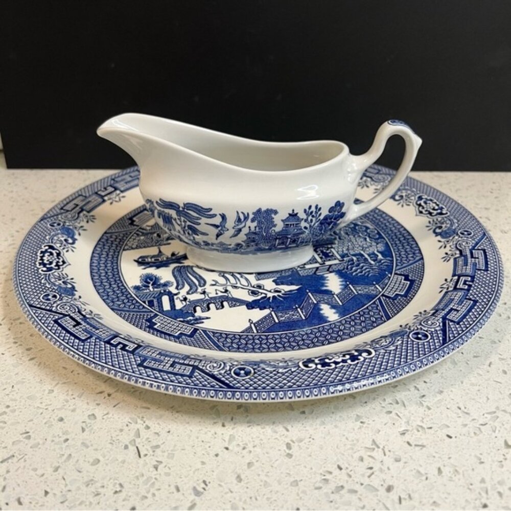 Vintage 1950s CHURCHILL Blue Willow Platter Gravy Boat Set Made in England